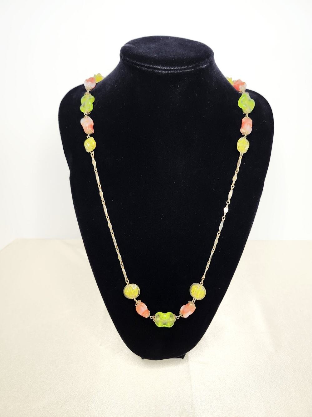 Vintage 36 Long Venetian Murano Art Glass Beaded Necklace Brass Filigree Flapper